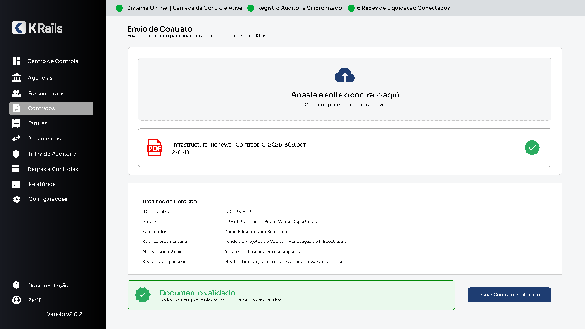 K Rails dashboard showing a validated contract upload